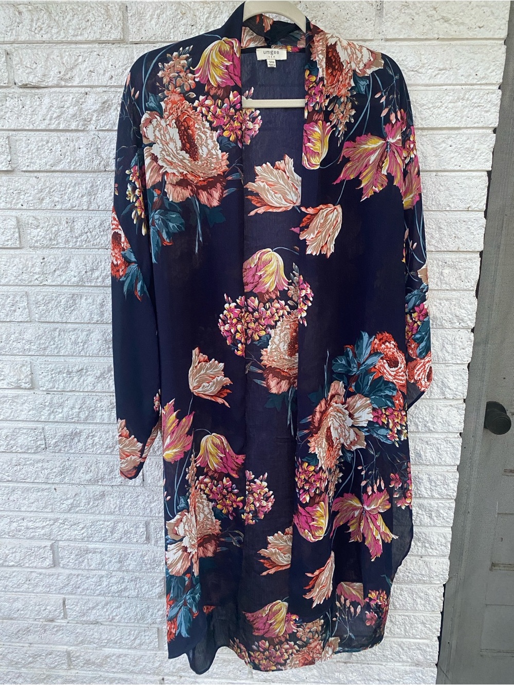 Umgee Navy Floral Open-Front Kimono with Bright Blooms
